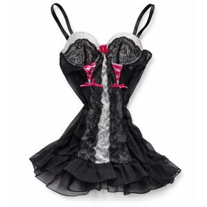 True Desire Black Lace Babydoll Lingerie Chemise Pink Bow Lace Bust Size Small